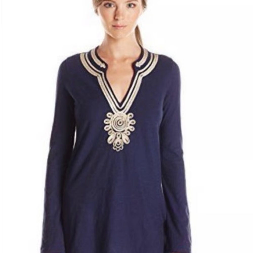 Lilly Pulitzer Emerson Navy Tunic with gold Embroidery